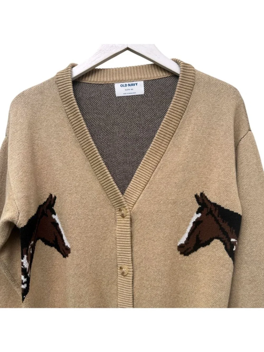Old Navy Horses Cardigan Girls XL (14-16) Sweater Camel Tan Pony Equestrian